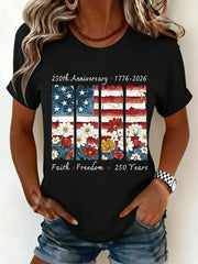 Women 250th Anniversary 1776-2026 Floral American Flag Print Crew Neck T-shirt