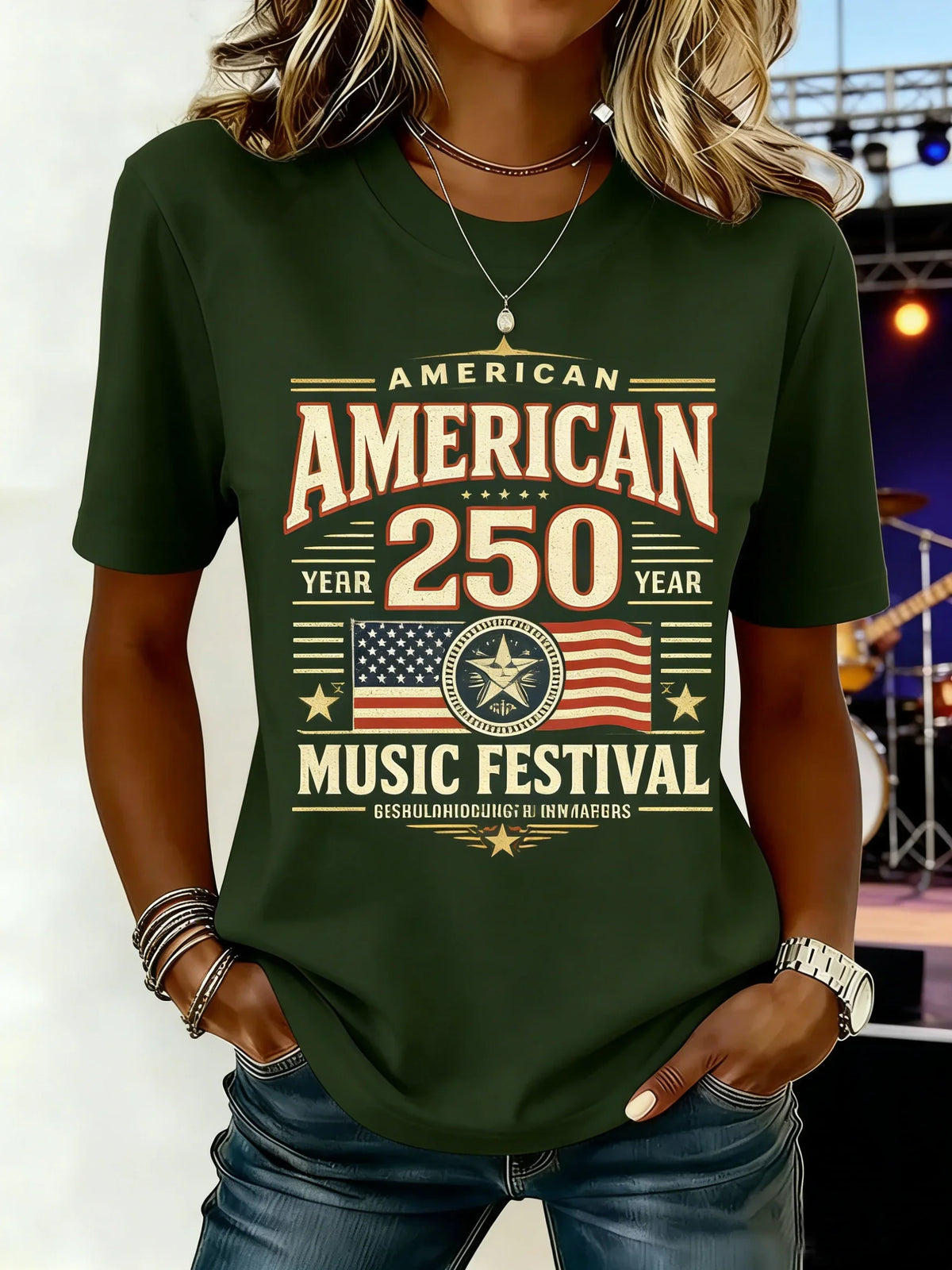 Women American 250 Music Festival 3D Print Crew Neck T-shirt