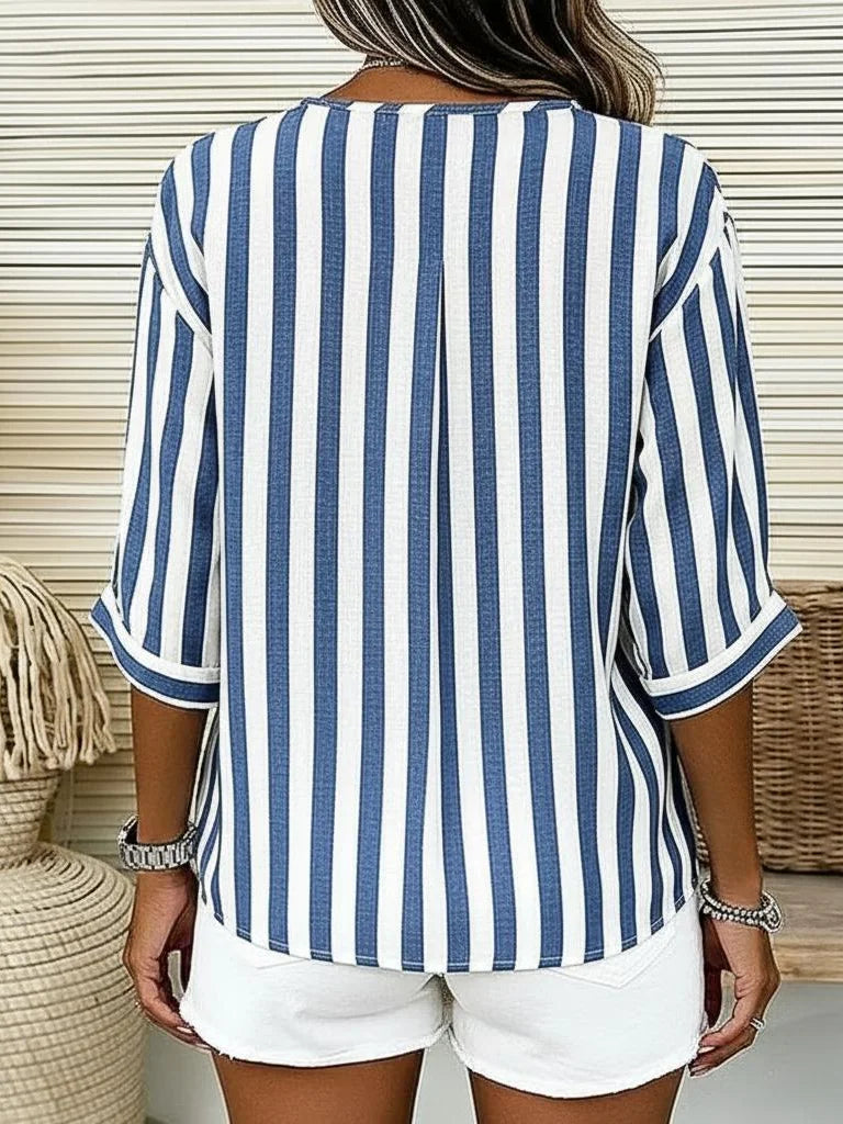 Vintage Striped Stand Collar 3/4 Sleeve Loose Cotton Linen Women Blouse