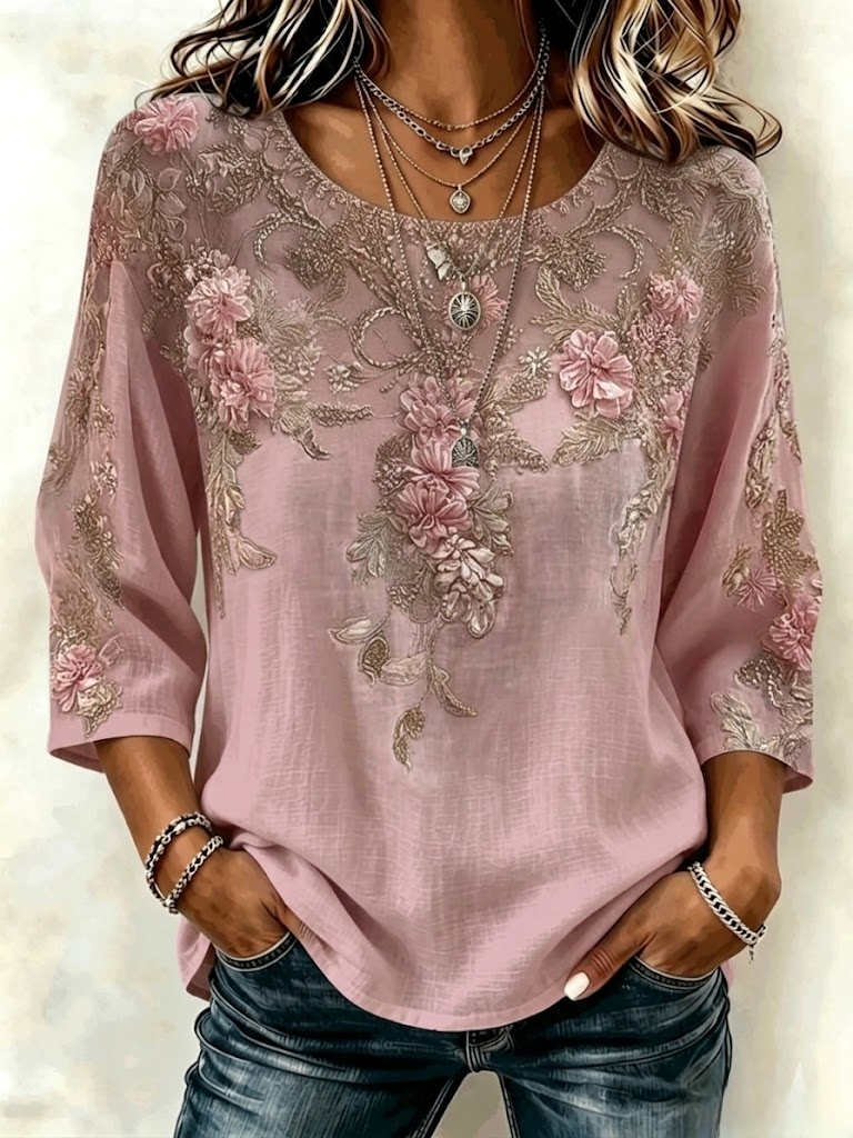 Boho Floral 3D Print Crew Neck 3/4 Sleeve Loose Women Blouse