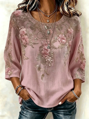 Boho Floral 3D Print Crew Neck 3/4 Sleeve Loose Women Blouse