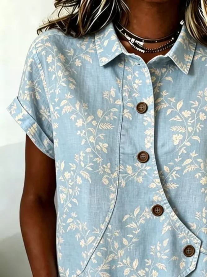 Vintage Floral Shawl Collar Short Sleeve Asymmetrical Micro-Elastic Women Shirt