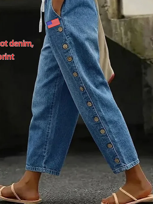 Women Independence Day Faux Denim Print Baggy Casual Pants