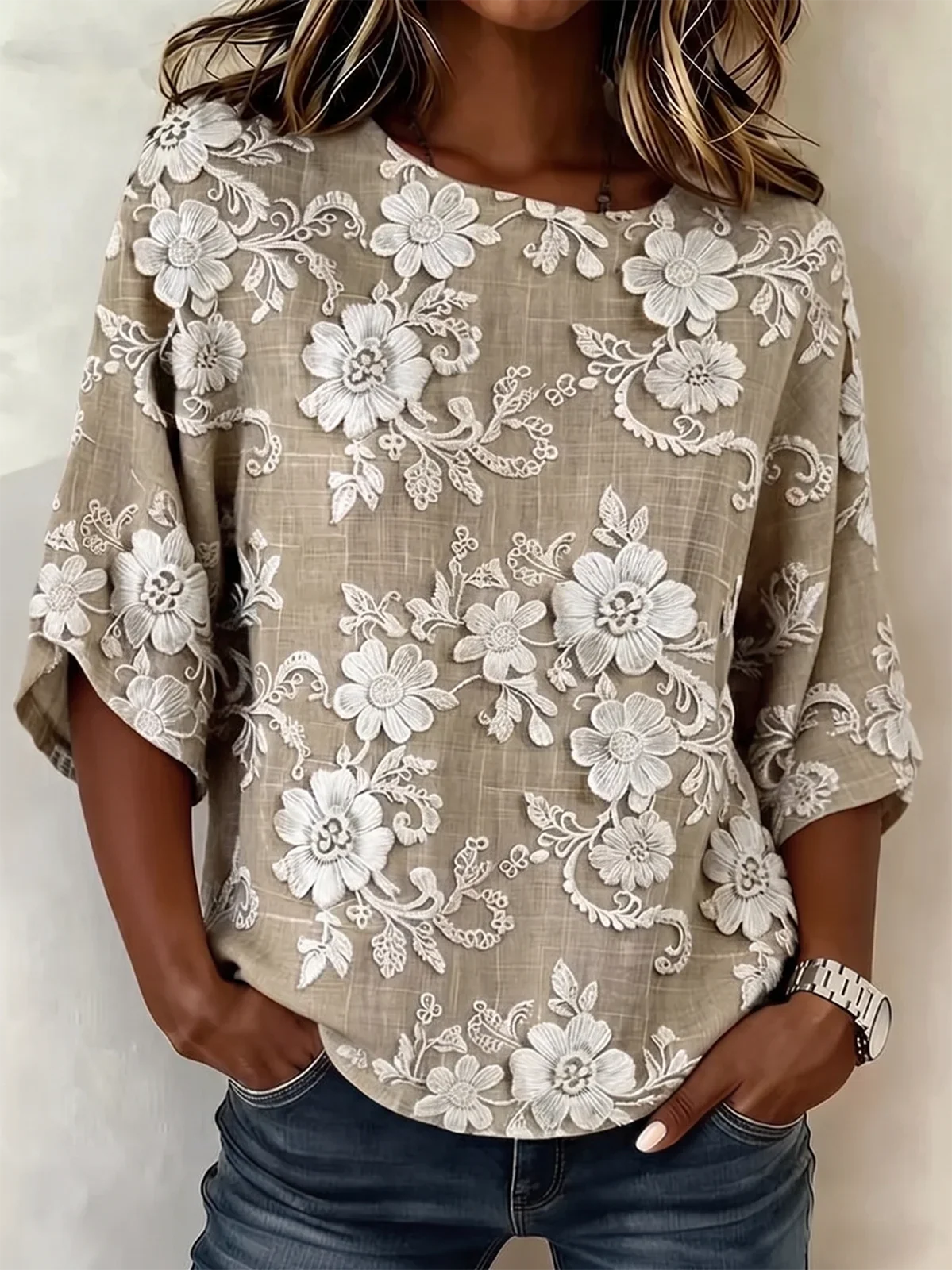Women Crew Neck Half Sleeve Khaki 3D White Floral Loose Ethnic Summer Blouse