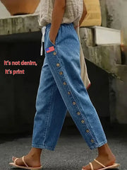 Women Independence Day Faux Denim Print Baggy Casual Pants