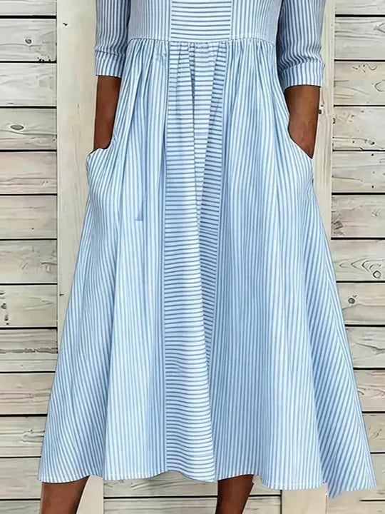 Women Striped Crew Neck Half Sleeve H-Line Maxi Dress