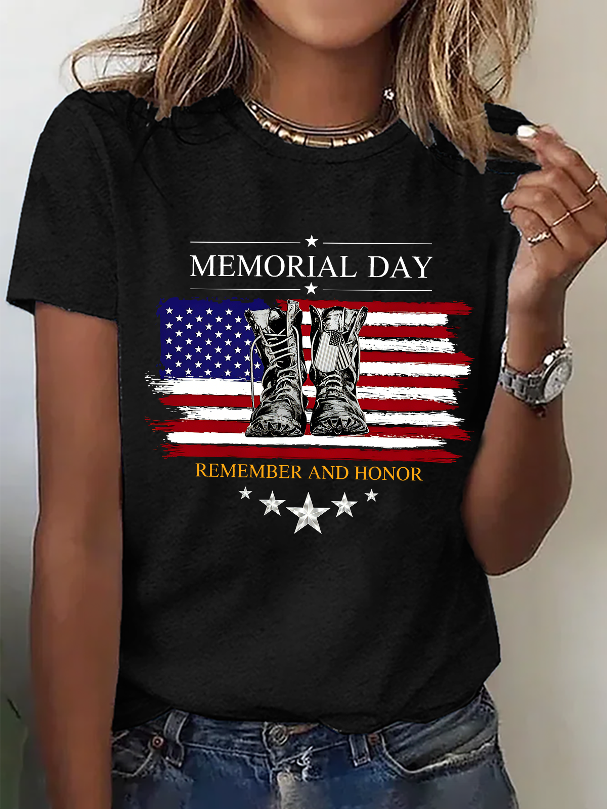 Women Memorial Day Flag Graphic Crew Neck Short Sleeve T-shirt