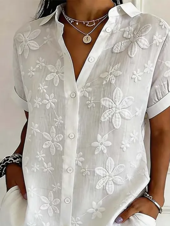 Women Shirt Collar Short Sleeve Floral Embossed Loose Button Up Shirt