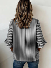 Women V Neck Half Sleeve Striped Ruffle Cuff Casual Blouse