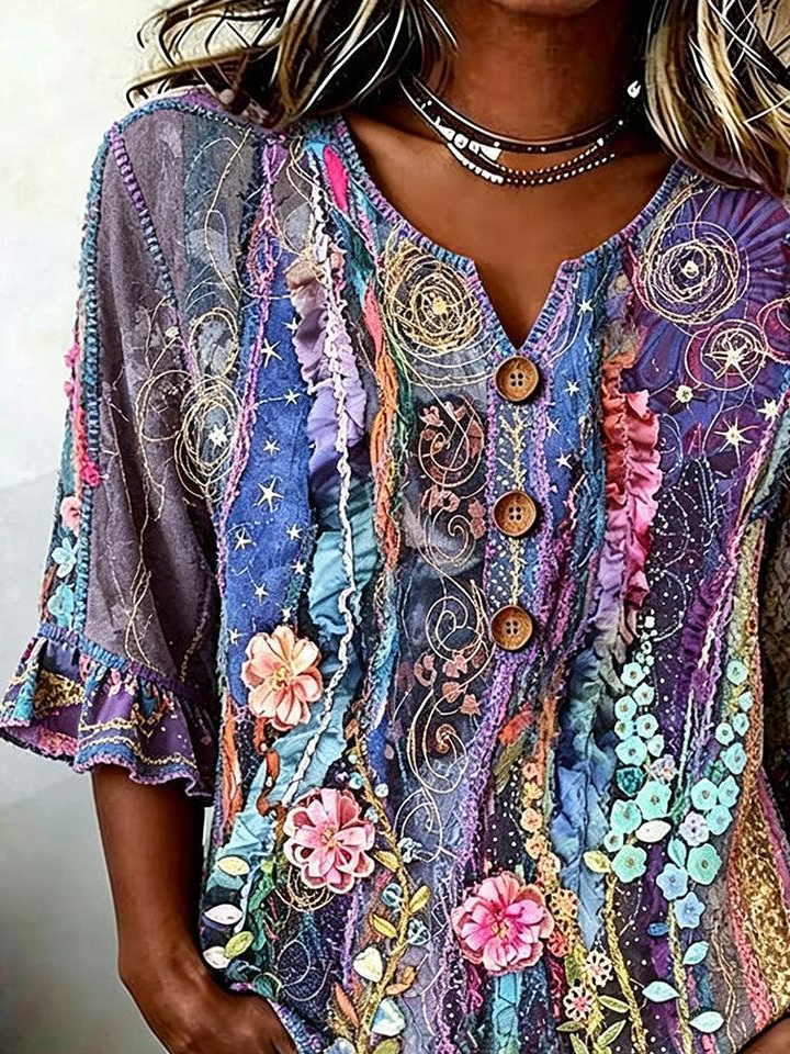 Women V Neck Half Sleeve Vintage Floral Print Peplum Cuff Blouse