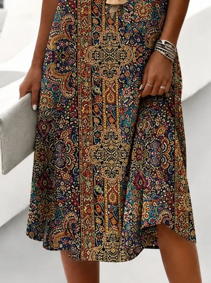 Women V Neck Sleeveless Boho Floral Print Loose A-Line Midi Dress