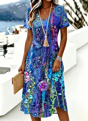 Women V Neck Short Sleeve Floral Print Regular Fit A-Line Midi Dress