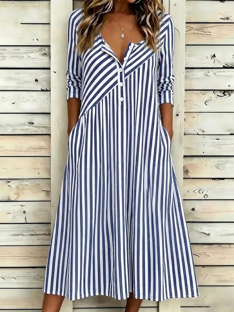 Women V Neck Half Sleeve Striped Loose A-Line casual Maxi Dress