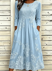Vintage Women Crew Neck 3/4 Sleeve 3D Floral Lace Pocket A-Line Summer Maxi Dress