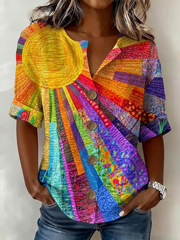 Women Ethnic Abstract Print Stand Collar Long Sleeve Loose Shirt