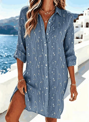Women Leaf Print Long Sleeve Loose Shirt Dress