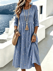 Women Crew Neck 3/4 Sleeve Leaf Print A-Line Midi Dress