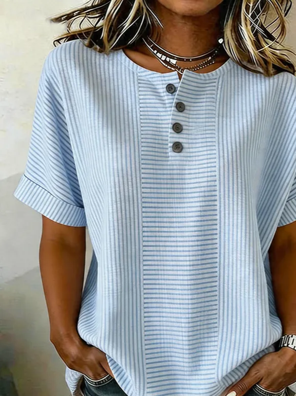 Women Striped Crew Neck Short Sleeve Casual Blouse