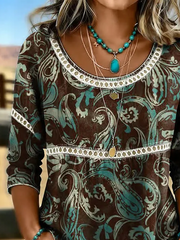 Women Crew Neck Half Sleeve Paisley Print Casual Blouse