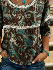 Women Crew Neck Half Sleeve Paisley Print Casual Blouse
