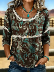 Women Crew Neck Half Sleeve Paisley Print Casual Blouse