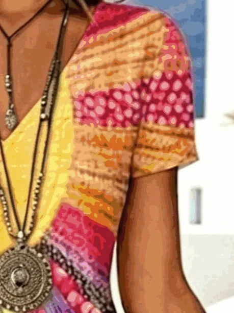 Women V-Neck Short Sleeve Random Print A-Line Midi Dress