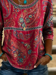 Crew Neck Half Sleeve Paisley Printing Loose Micro-Elasticity Blouse For Women