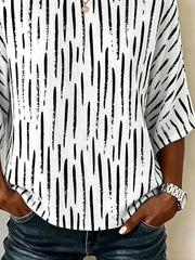 Crew Neck Half Sleeve Abstract Stripes Printing Regular Micro-Elasticity Blouse For Women
