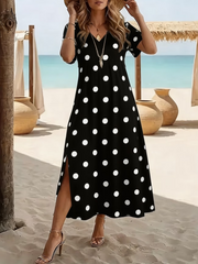 Women Polka Dots Summer Printing Crew Neck Short Sleeve Maxi T-Shirt Dress