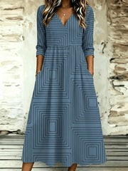 Women Geometric Spring/Fall Dress V Neck Three Quarter Sleeve A-Line Midi Dress