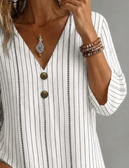 Women V Neck Half Sleeve Abstract Stripes Loose Blouse