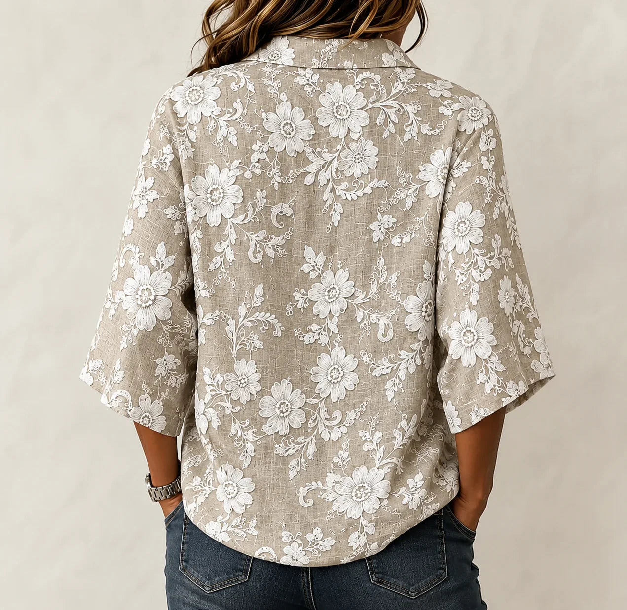 Women Shawl Collar Half Sleeve Floral Lightweight Loose Shirt
