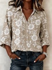 Women Shawl Collar Half Sleeve Floral Lightweight Loose Shirt