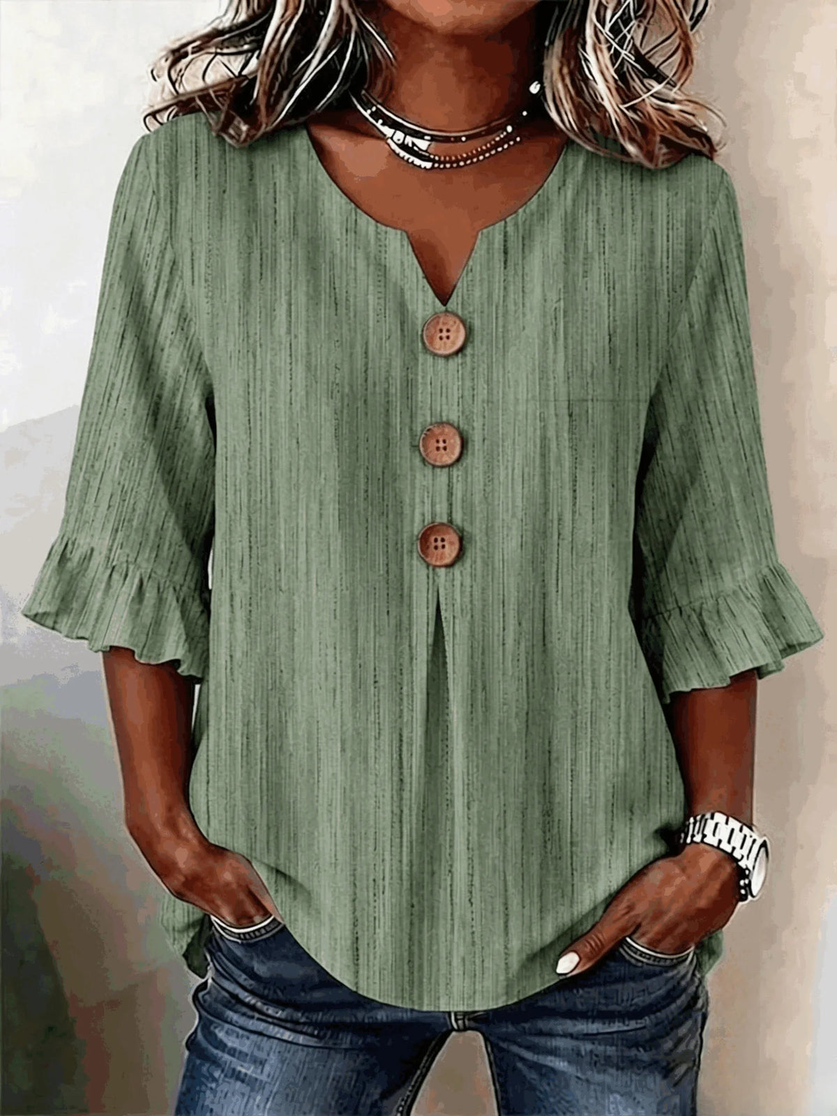 Women V Neck Half Sleeve Abstract Stripes Micro-Elastic Blouse
