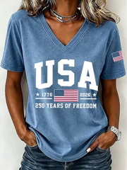 Casual 3D Printing V Neck Short Sleeve USA Flag Women T-shirt