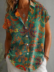 Vintage Green Paisley Floral Collared Roll Short Sleeve Button Down Shirt