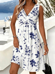 Classic Blue and White Leaf Print Twist V Neck Sleeveless A-Line Midi Tank Dress