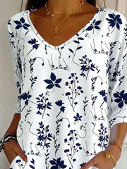 Casual Blue Floral V Neck Three Quarter Sleeve Loose Graphic T-Shirts