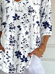 Casual Blue Floral V Neck Three Quarter Sleeve Loose Graphic T-Shirts