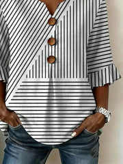 V Neck Half Sleeve Spliced Striped Print Ruffle Cuff Button Blouse