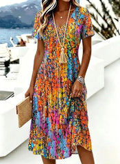 Women Abstract Summer V Neck Short Sleeve A-Line Midi Dress