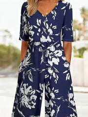 Women Floral V Neck Half Sleeve Casual Summer Jumpsuit