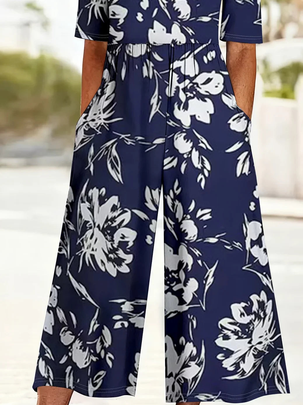 Women Floral V Neck Half Sleeve Casual Summer Jumpsuit