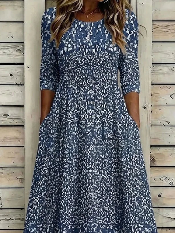 Women Abstract Summer Printing Dress Crew Neck Half Sleeve H-Line Dress