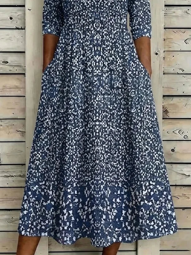 Women Abstract Summer Printing Dress Crew Neck Half Sleeve H-Line Dress