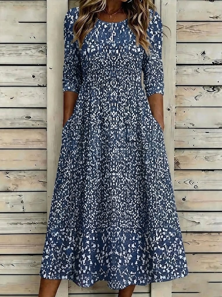 Women Abstract Summer Printing Dress Crew Neck Half Sleeve H-Line Dress