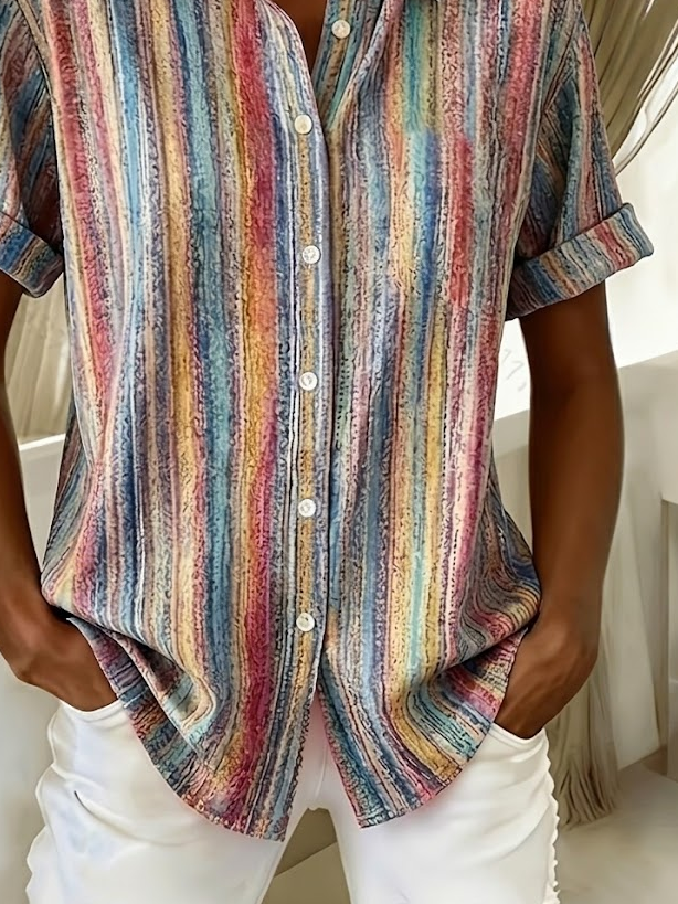 Shirt Collar Short Sleeve Abstract Stripes Printing Regular Micro-Elasticity Loose Button Up Shirt Shirt For Women
