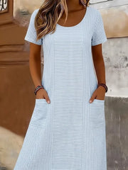 Women Striped Summer Printing Dress Crew Neck Short Sleeve T-Shirt Dress H-Line Dress