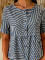 Crew Neck Short Sleeve Striped Regular Loose Shirt For Women