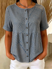 Crew Neck Short Sleeve Striped Regular Loose Shirt For Women
